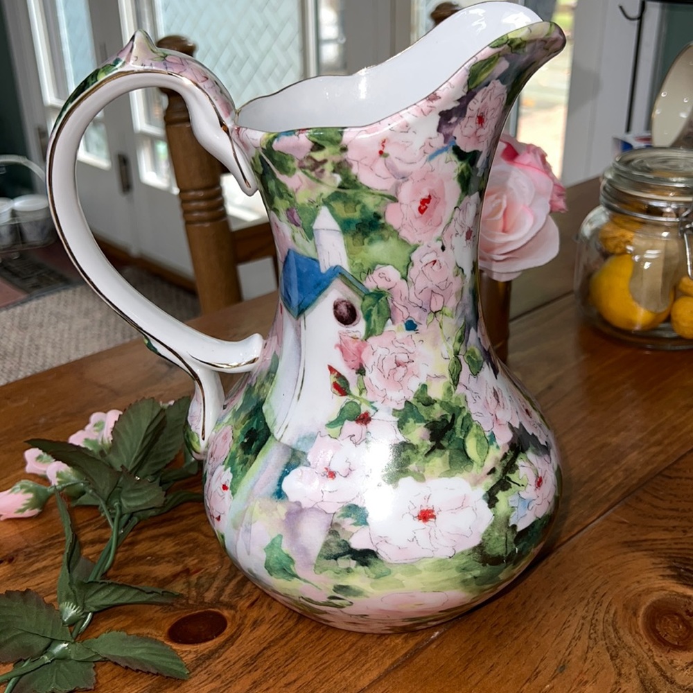 Roses and Birdbouse floral pitcher